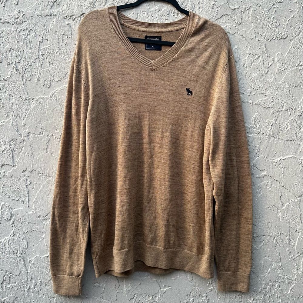 ABERCROMBIE Sweater Men Size XL Pima Cotton Pullover V Neck Tan‎ Neutral Preppy